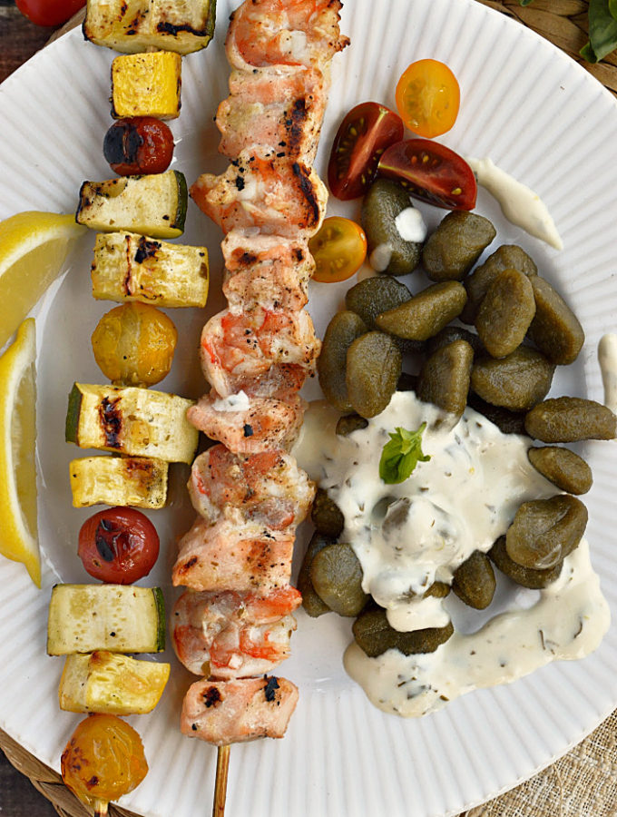 Enjoy grilling with this tasty Grilled Shrimp and Salmon Kabobs with Gluten Free Gnocchi recipe. It's a fresh, flavorful, and fast dinner for those busy midweek days.